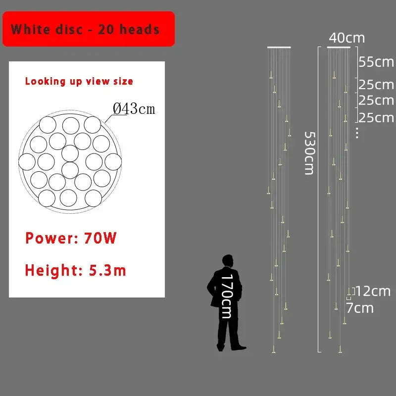Modern gold minimalist ceiling chandelier with white disc 20 light heads 43cm diameter 5.3m height 70w power for living room