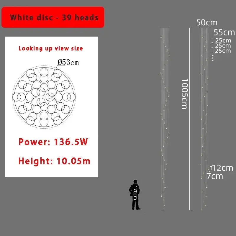 Modern gold minimalist ceiling chandelier with 39 white disc LED heads and hanging strands for vertical illumination