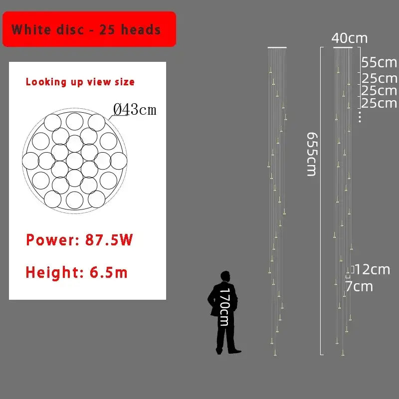 Modern gold minimalist ceiling chandelier with 25 white disc lights in a circular array for living room use
