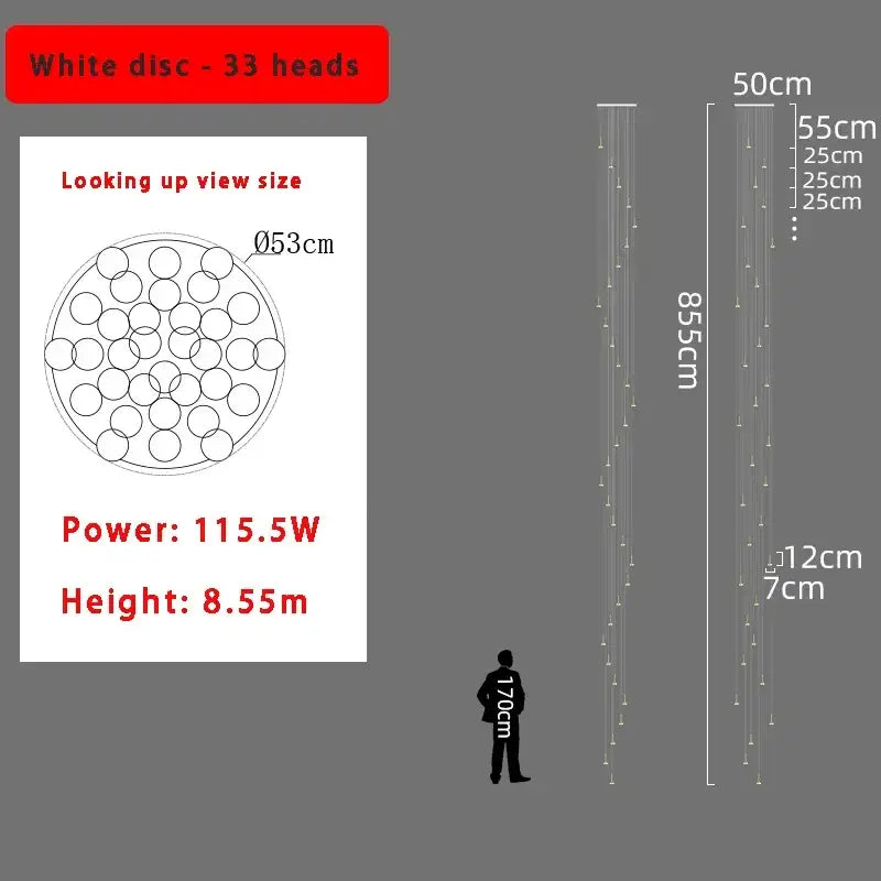 Modern gold minimalist ceiling chandelier with 33 white disc heads in a circular array for living room lighting