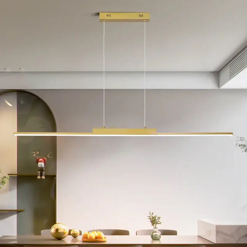 Gold-colored rectangular modern minimalist dimmable led pendant light with two thin cords for dining room lighting