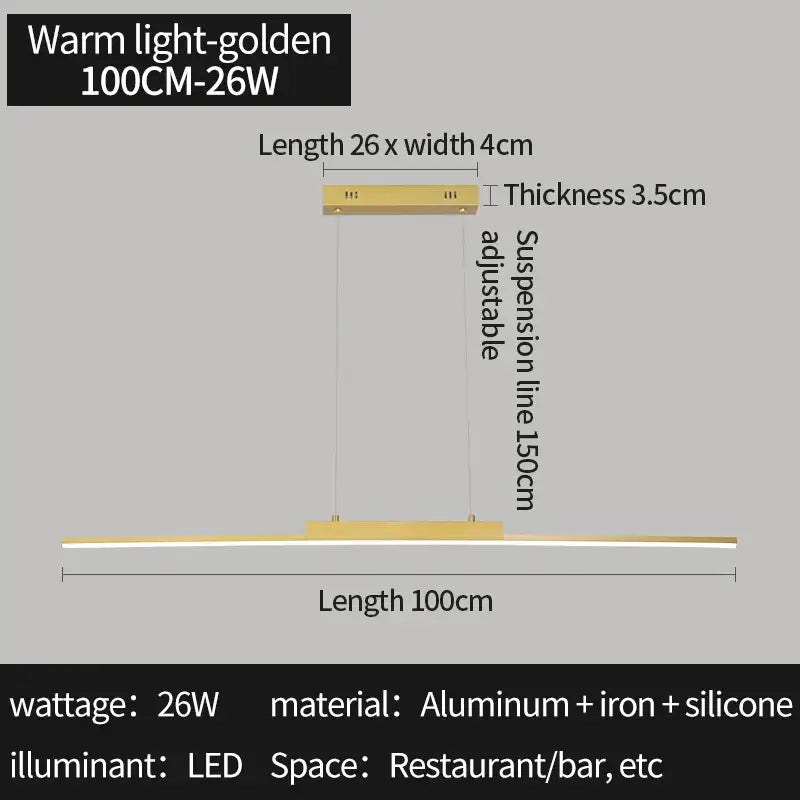 A sleek modern 100cm gold dimmable led pendant light fixture made of aluminum and iron for dining rooms