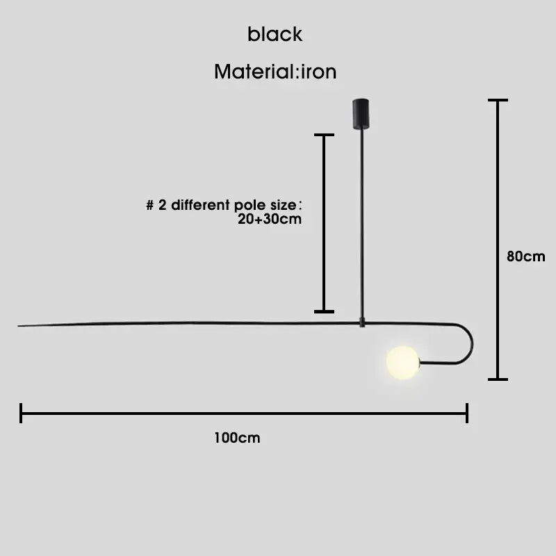 Black iron pendant light with elongated arm and spherical bulb in modern gold minimalist iron chandelier design by decorbites black