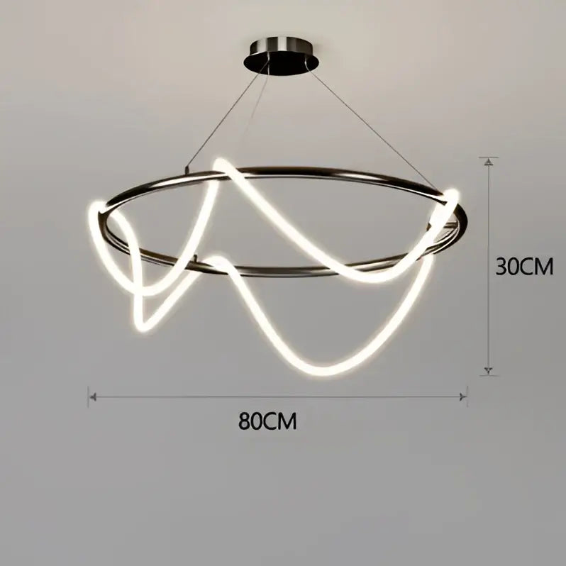 Modern gold minimalist led neon rope pendant light with polished chrome circular frames and elegant wave design