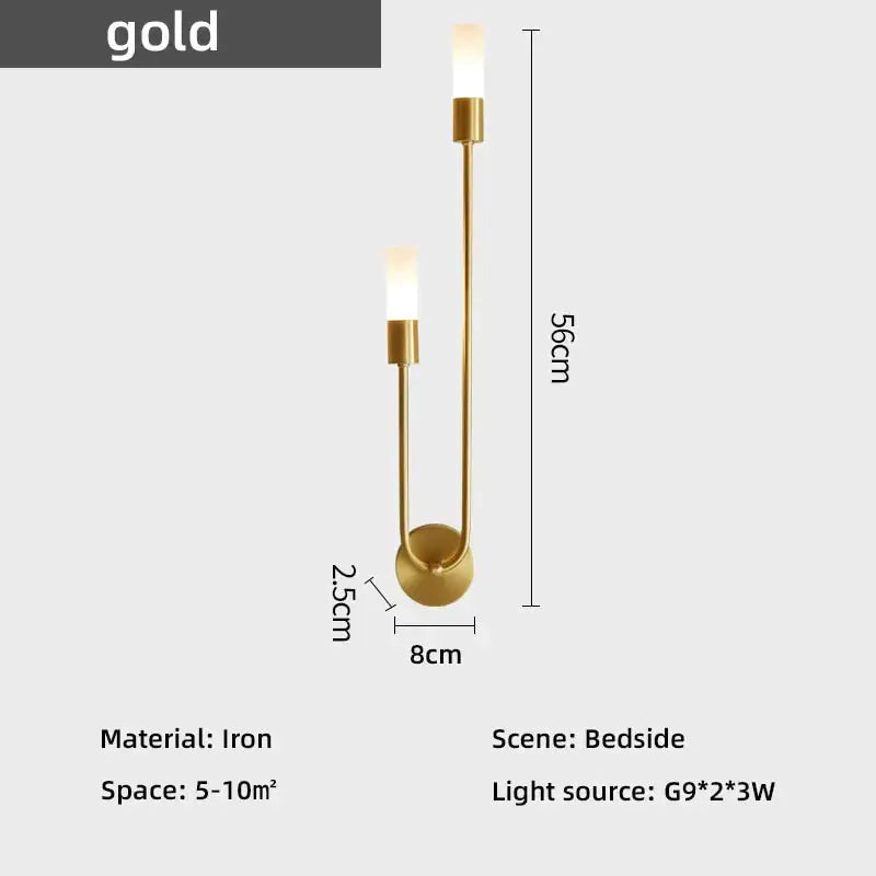 Gold-colored iron led wall lamp with two upward-facing lights and curved minimalist design for bedroom use