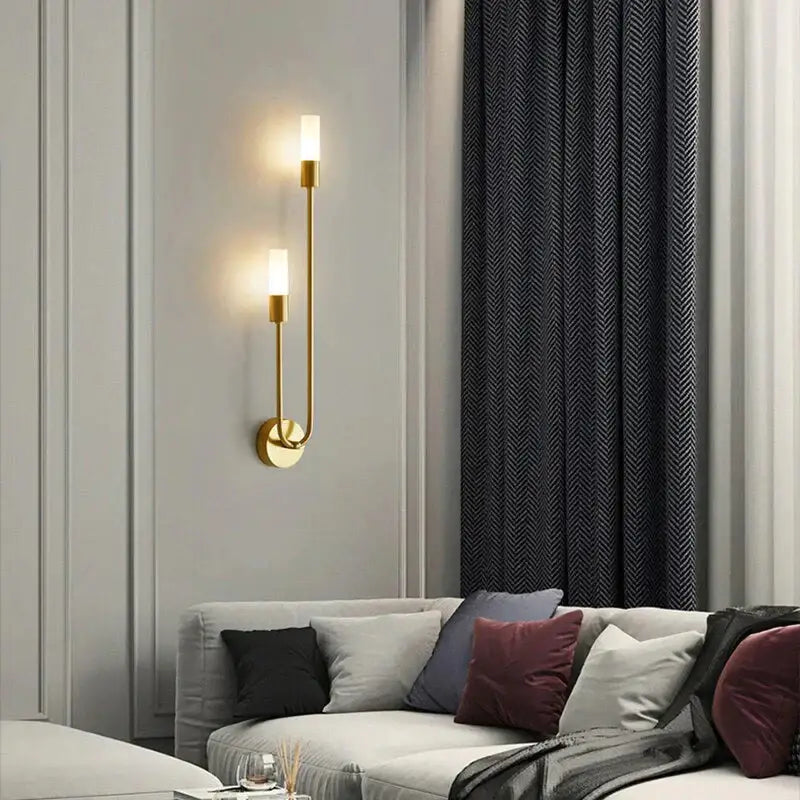 Modern gold minimalist led wall lamp with double-arm cylindrical frosted glass shades for bedroom vertical sconce