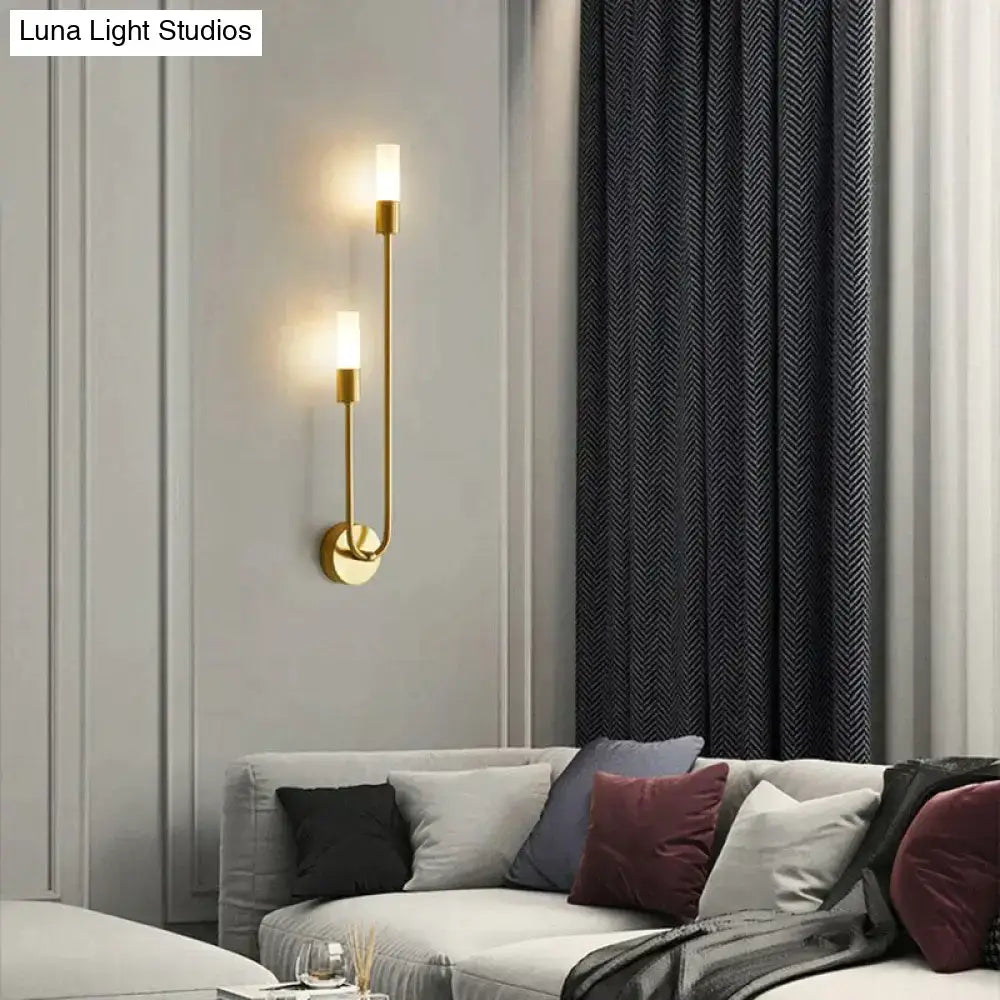 Gold-toned double-arm led wall lamp with frosted glass shades minimalist design for bedroom vertical wall lamp