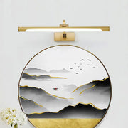 Modern gold mountain landscape wall art with acrylic shade features gold frame, black white design, and fixture width details