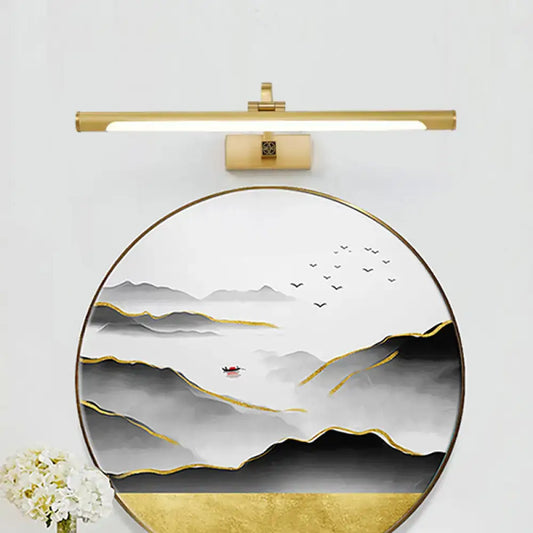 Modern gold mountain landscape wall art with acrylic shade features gold frame, black white design, and fixture width details