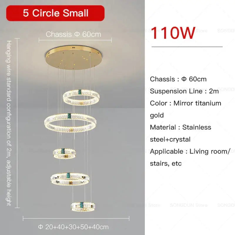 Modern gold multi tier duplex crystal chandelier with five cascading crystal rings on stainless steel chassis for living room