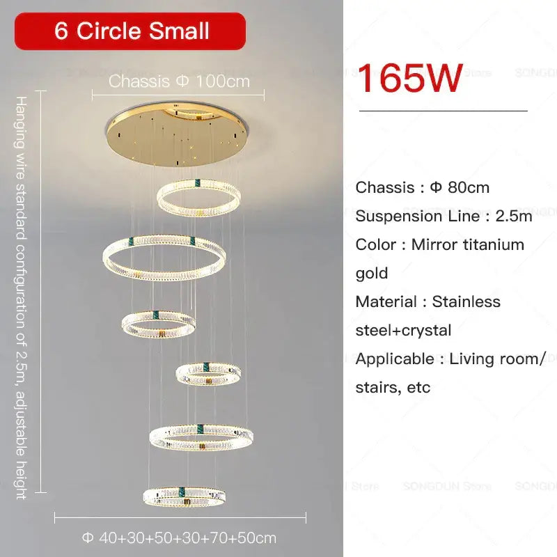 Modern gold multi tier duplex crystal chandelier with six stainless steel and crystal rings for living room decor