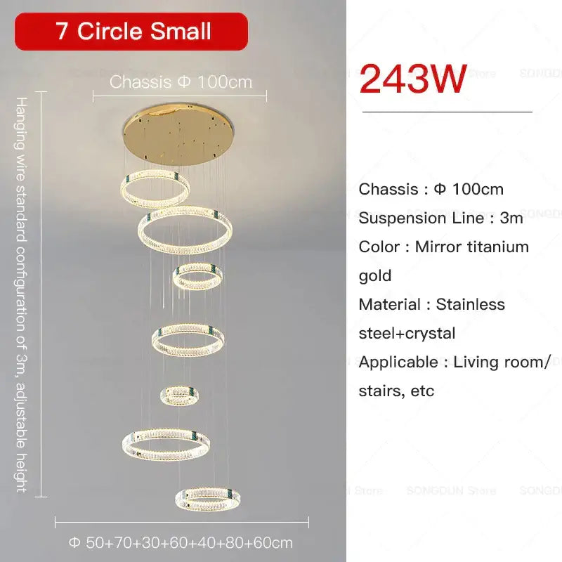 Modern gold multi tier duplex crystal chandelier with 7 stainless steel circles and mirror titanium gold finish for living room