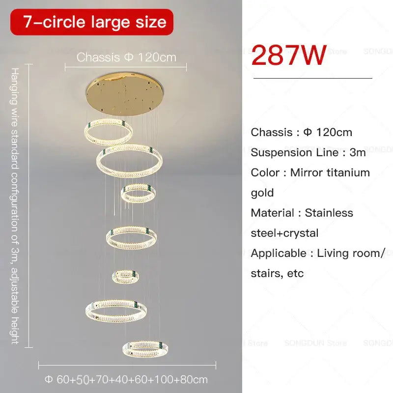 Modern gold multi tier duplex crystal chandelier with mirror titanium gold finish stainless steel and crystal for living room