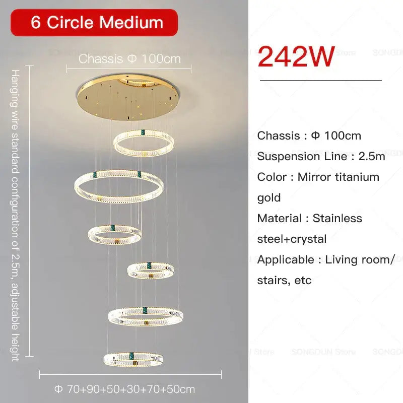 Modern gold multi tier duplex crystal chandelier with six stainless steel and crystal rings for living room use