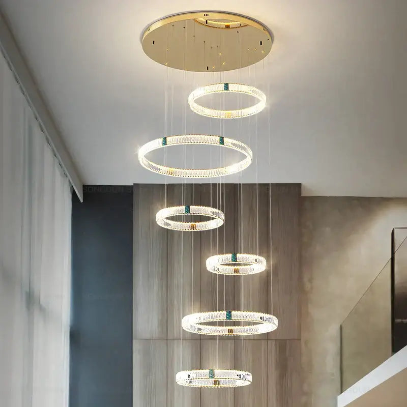 Modern gold multi tier duplex crystal chandelier with cascading crystal rings for living room lighting
