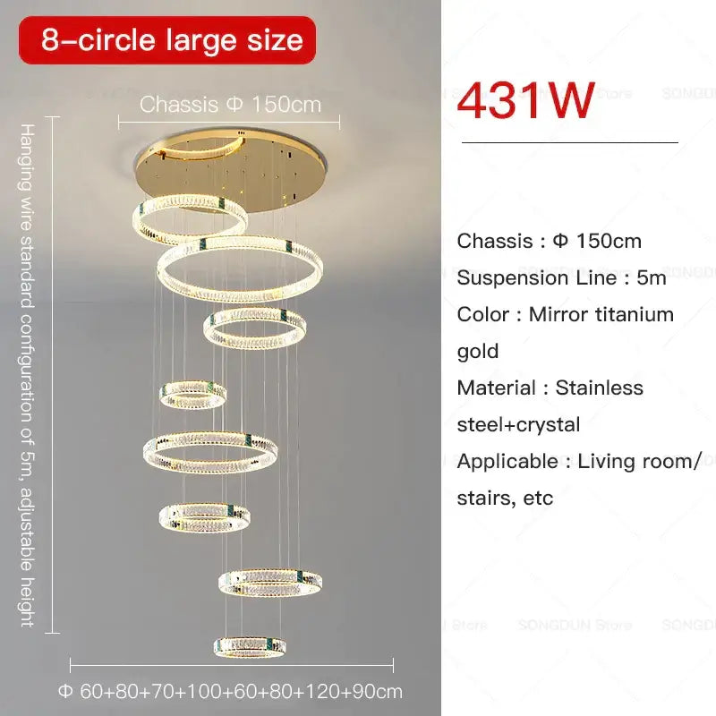 Modern gold multi tier duplex crystal chandelier with eight stainless steel rings finished in mirror titanium gold for living room