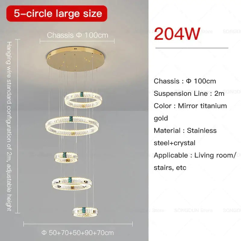 Modern gold multi tier duplex crystal chandelier with five-circle titanium gold stainless steel and crystal design for living room