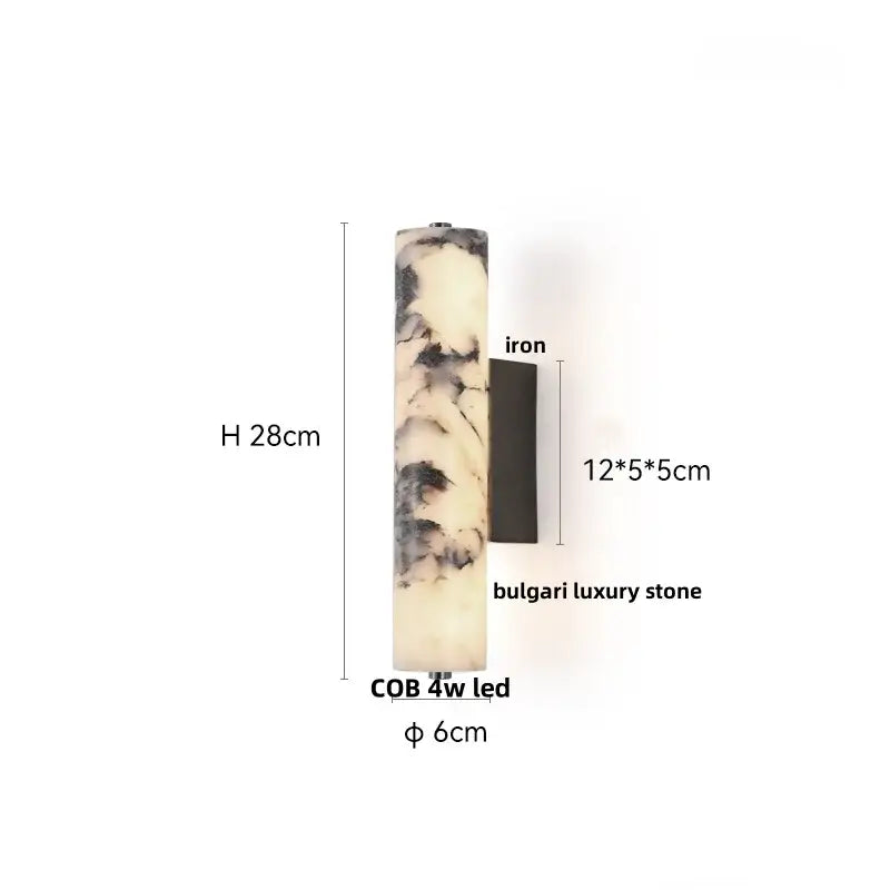 A modern gold mushroom wall lamp with a polished white and black marbled Bulgari stone body and carbon steel mounting plate by decorbites carbon steel