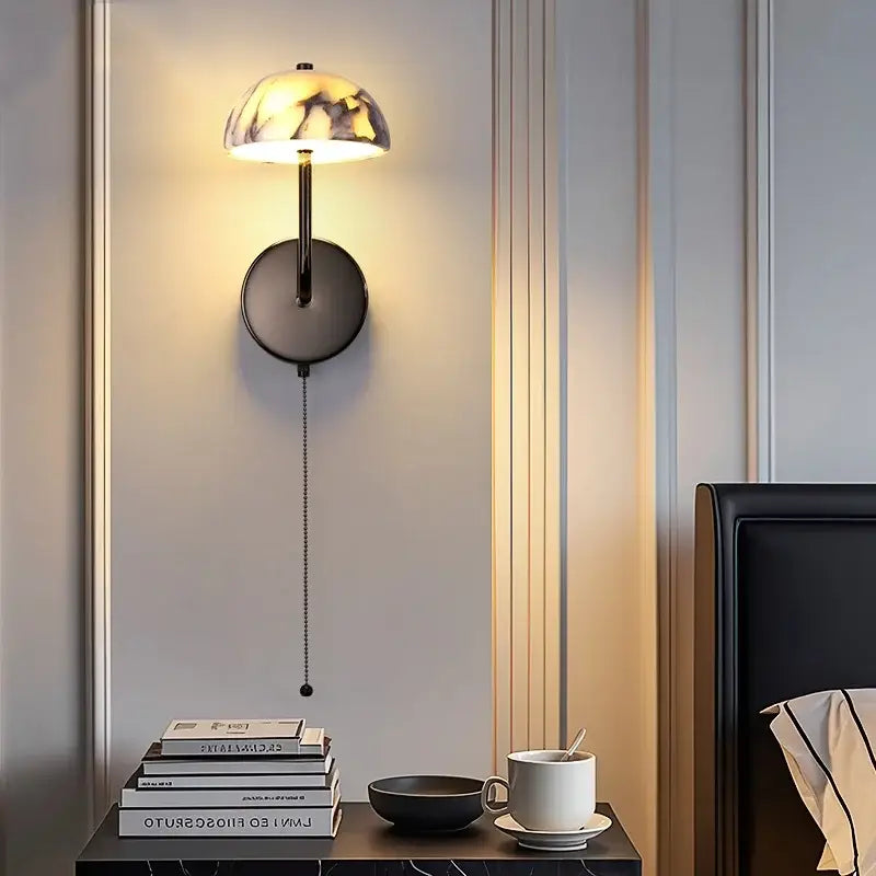 Modern gold mushroom carbon steel wall lamp with sleek black base and marble-patterned dome shade by decorbites carbon steel