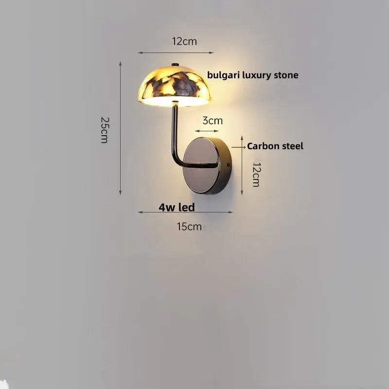 Modern gold mushroom wall lamp with polished carbon steel base and bulgari luxury stone shade decorbites carbon steel
