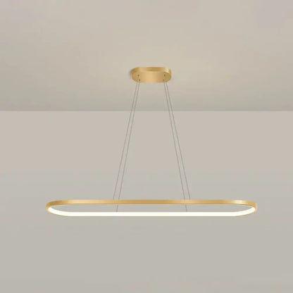 Modern gold oblong pendant light fixture with integrated led lighting and adjustable chain cord length for dining room use