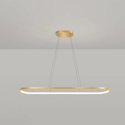 Modern gold oblong pendant light fixture with gold finish, chain cord length, and warm white led strip for dining room