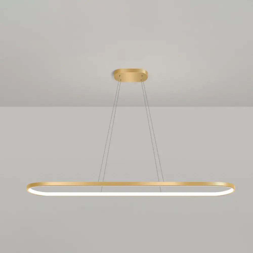 Modern gold oblong pendant light fixture with integrated led strip lighting and adjustable chain cord length in warm white color