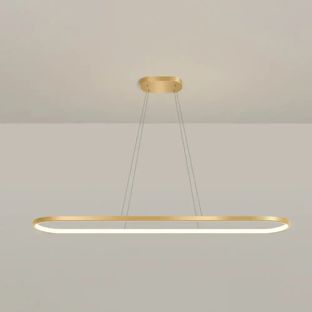 Modern gold oblong pendant light fixture with gold finish, integrated led, chain cord length, warm white color for dining room