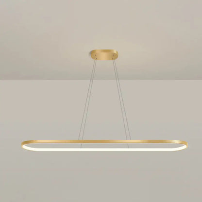 Modern gold oblong pendant light fixture with gold finish, integrated led, chain cord length, warm white color for dining room