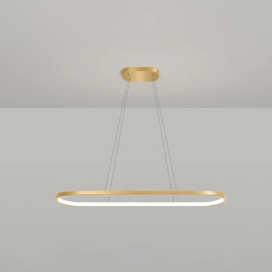 Modern gold oblong pendant light fixture with integrated led lighting and adjustable chain cord length in warm white color