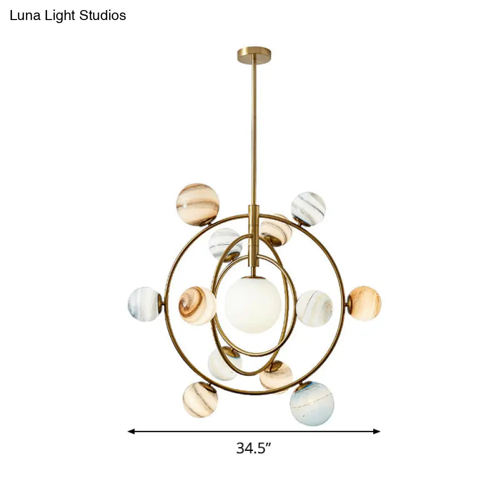 Lámpara de araña moderna Gold Orbit - Lámpara colgante de metal de 13 luces con pantalla de cristal