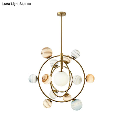 Lámpara de araña moderna Gold Orbit - Lámpara colgante de metal de 13 luces con pantalla de cristal