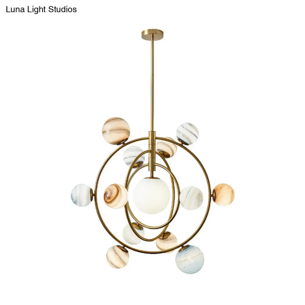 Lámpara de araña moderna Gold Orbit - Lámpara colgante de metal de 13 luces con pantalla de cristal