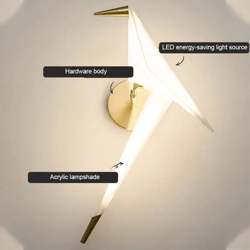 Modern gold origami bird led wall lamp with geometric acrylic lampshade and gold-toned hardware base wall lamp