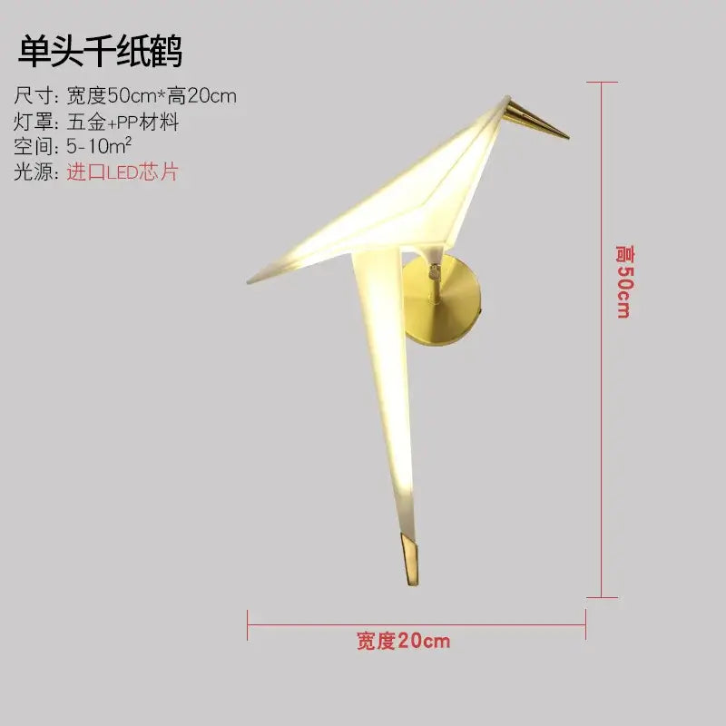 Modern gold origami bird led wall lamp with illuminated translucent wings for bedroom and living room lighting