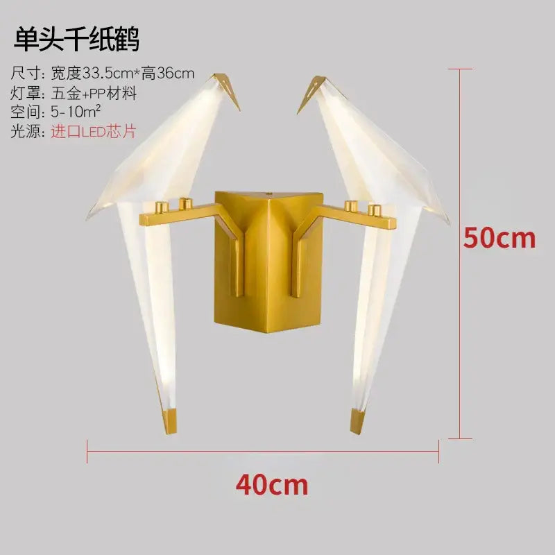 Modern gold origami bird led wall lamp with translucent white paper shades and geometric base for bedroom living room use