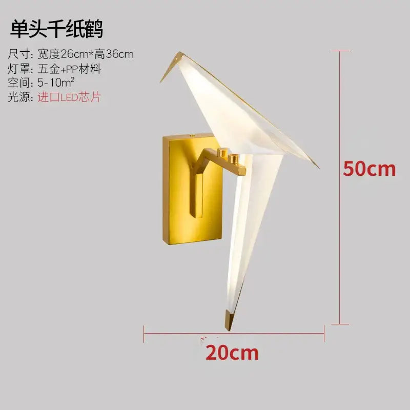 Modern gold origami bird led wall lamp with gold-toned paper crane design and translucent white lampshade for living room