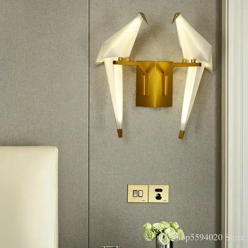 Modern gold origami bird led wall lamp with two white bird shaped light fixtures for bedroom and living room