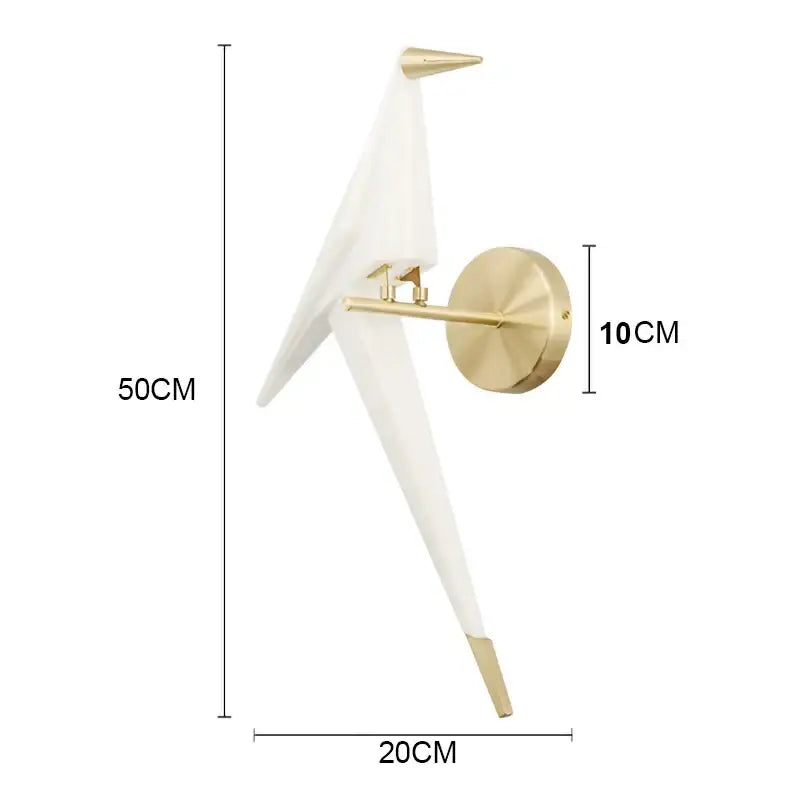 A modern white origami crane led wall lamp with gold-toned metal accents and circular mounting plate for bedroom