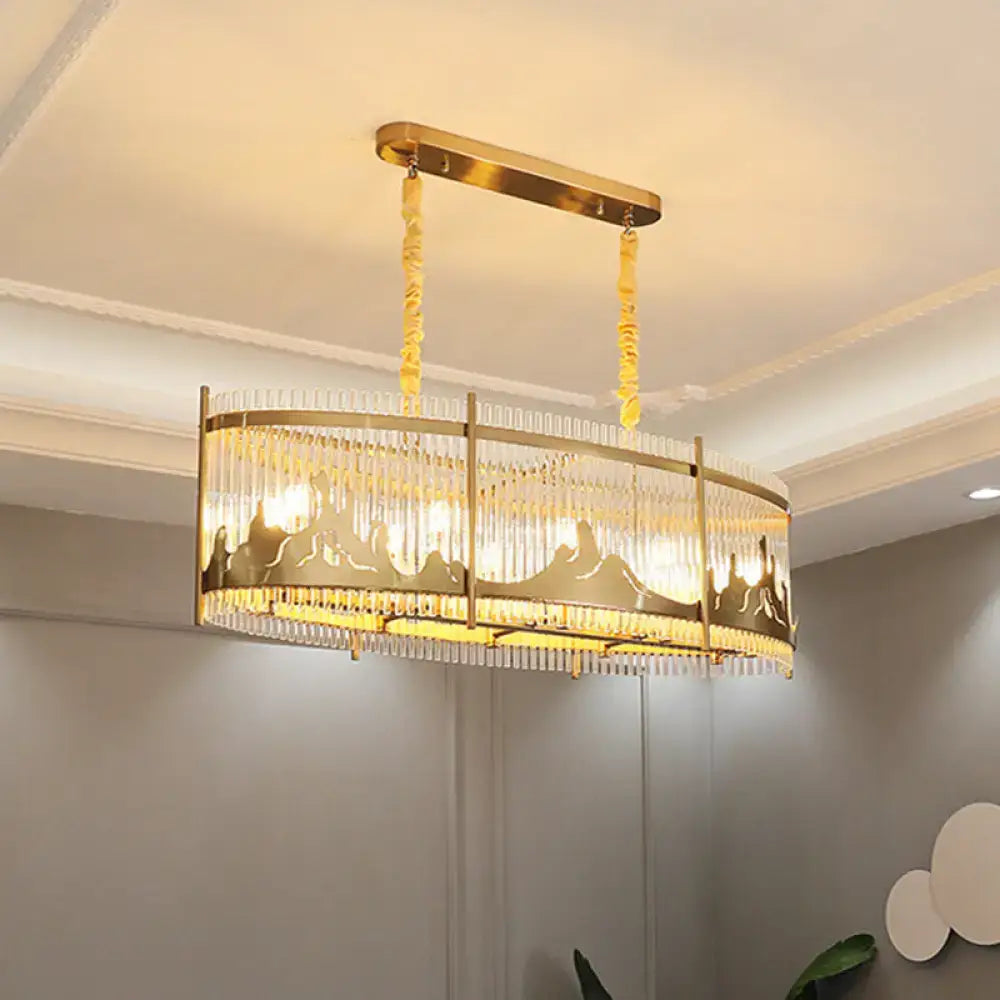 DecorBites modern oval crystal rod island pendant lamp gold tone with vertical rods and carved mountain design lighting piece