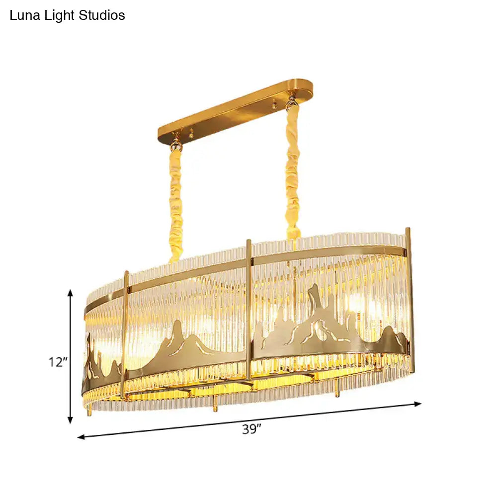 Decorbites™ modern oval crystal rod island pendant lamp with gold carved mountain pattern and clear crystal rods lighting piece