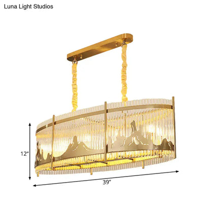 Decorbites™ modern oval crystal rod island pendant lamp with gold carved mountain pattern and clear crystal rods lighting piece