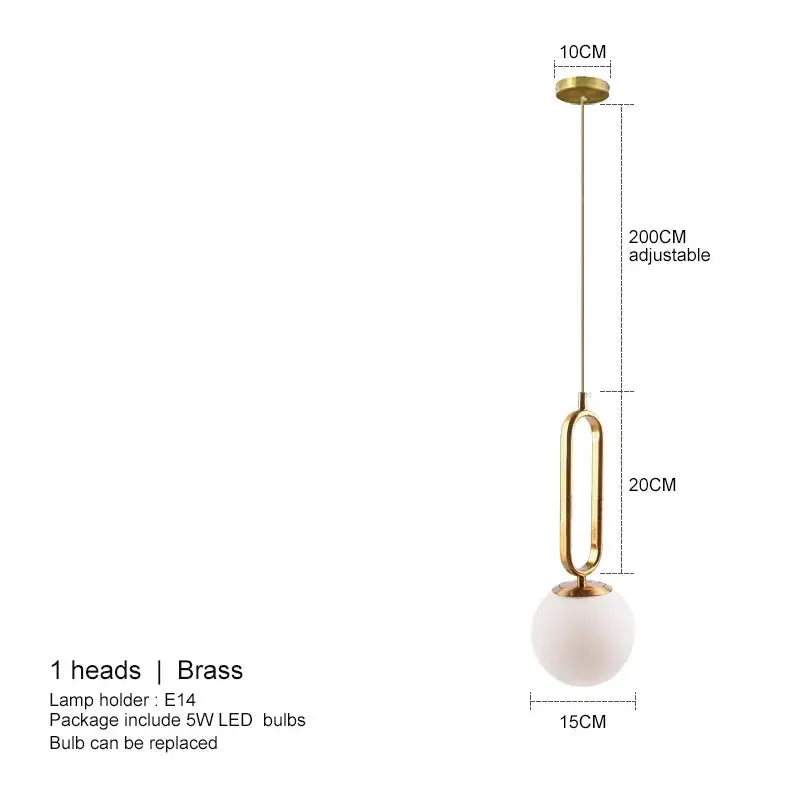 Modern gold oval glass ball pendant lights feature a brass frame with a white glass ball shade for stylish dining room decorbites