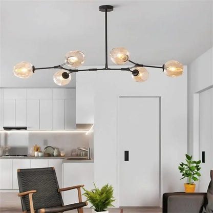 Black metal pendant light with five frosted glass globe bulbs and modern painted metal finish for dining room