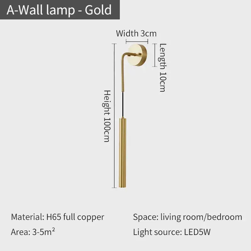 Modern gold wall sconce set with h65 full copper body and led light source for bedroom lighting