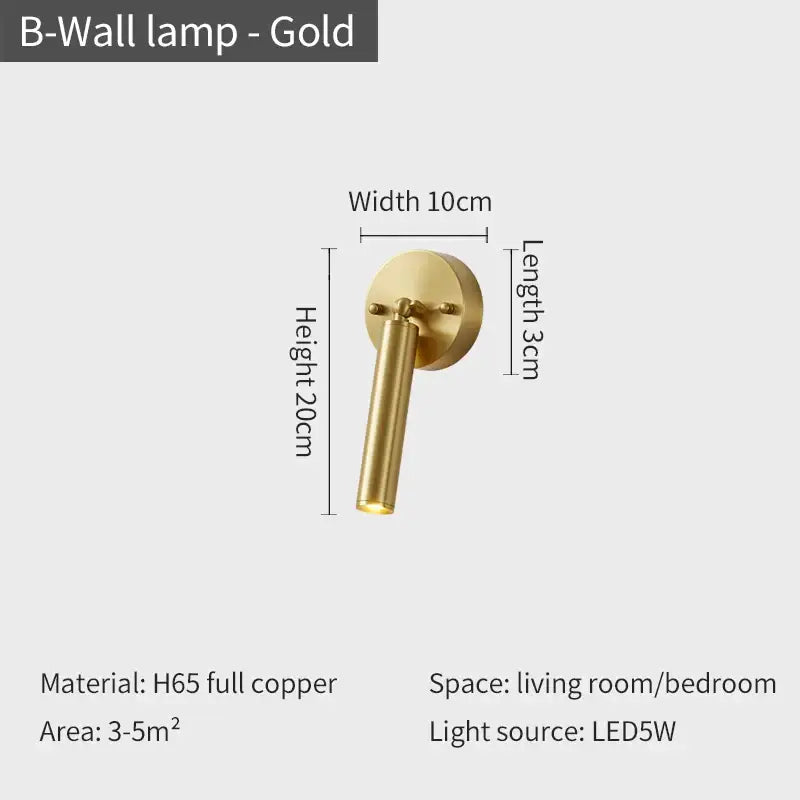 Modern gold wall sconce set featuring a sleek cylindrical h65 full copper design for bedroom lighting