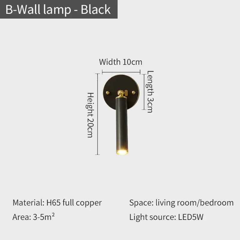 Black b-wall lamp wall sconce set with sleek cylindrical design brass accents made from h65 full copper for bedroom lighting