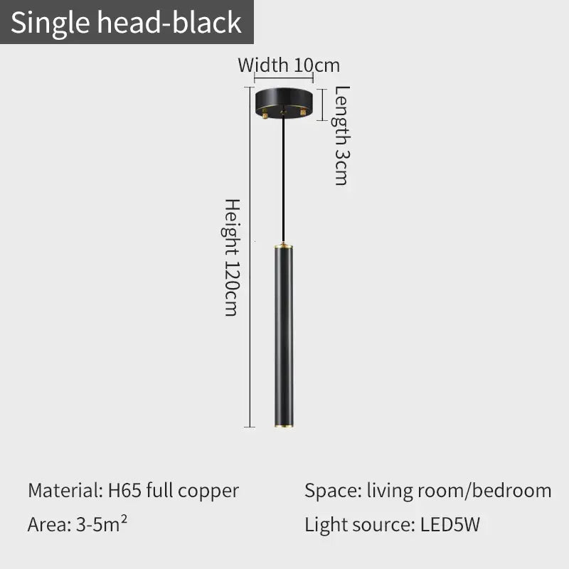 Black single-head pendant light with sleek cylindrical h65 copper design and led 5w bulb in modern gold wall sconce set
