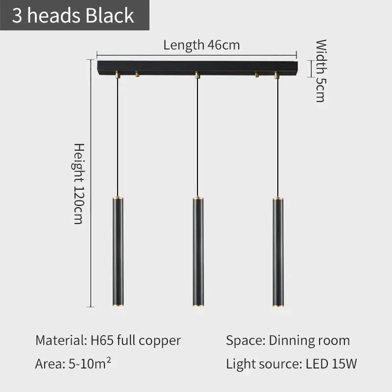 Modern gold pendant and wall sconce set featuring black three-head wall sconce with cylindrical led bulbs and copper construction