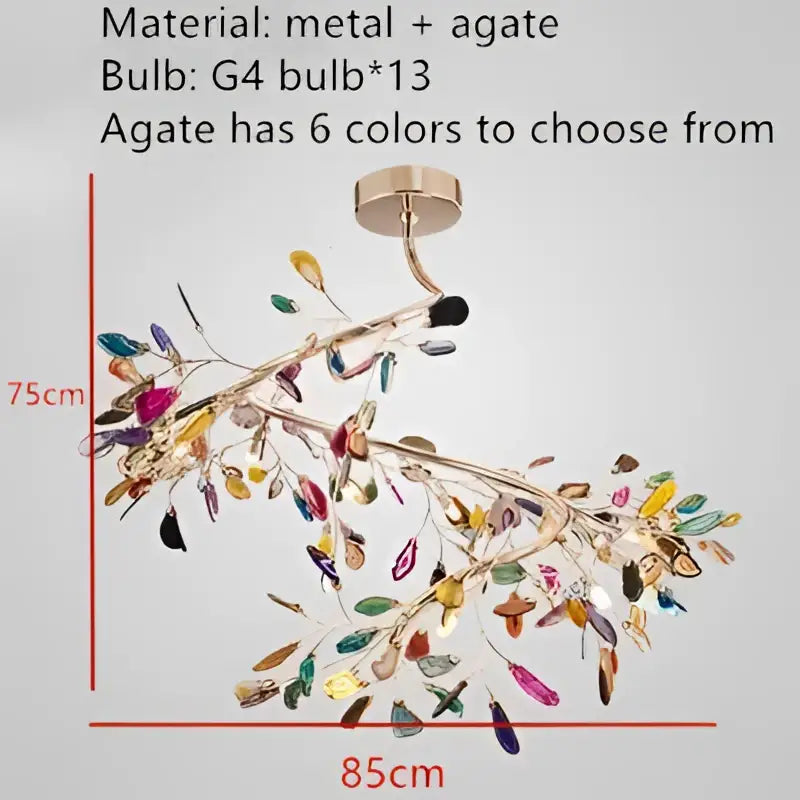 Modern gold pendant chandelier with a metallic frame and decorbites colorful agate leaves for dining room decor